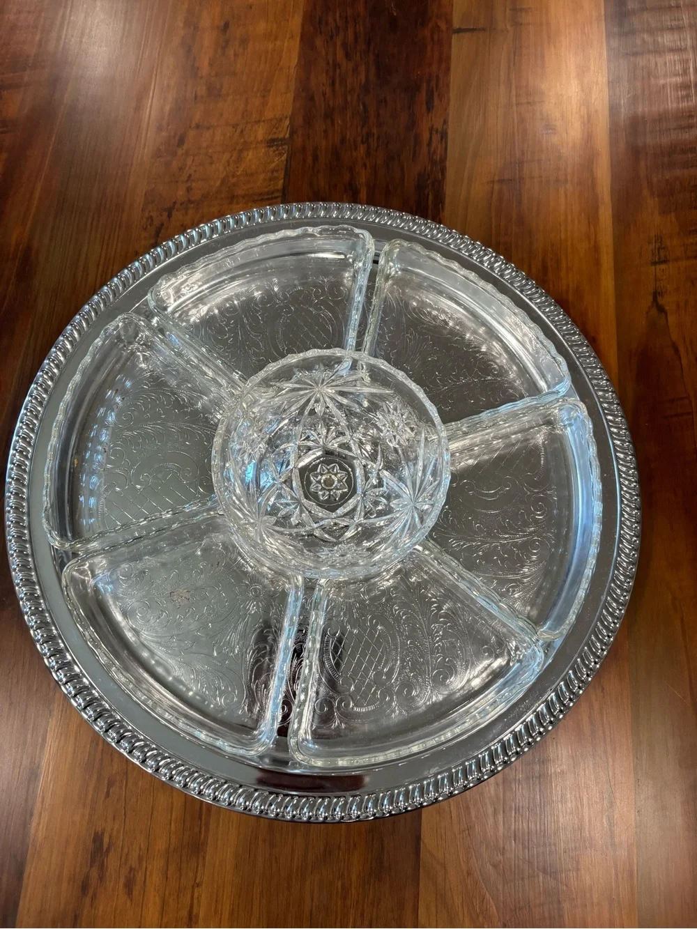 Vintage Irvinware Chromeware Revolving Susan Serving Tray with 7 glass sections